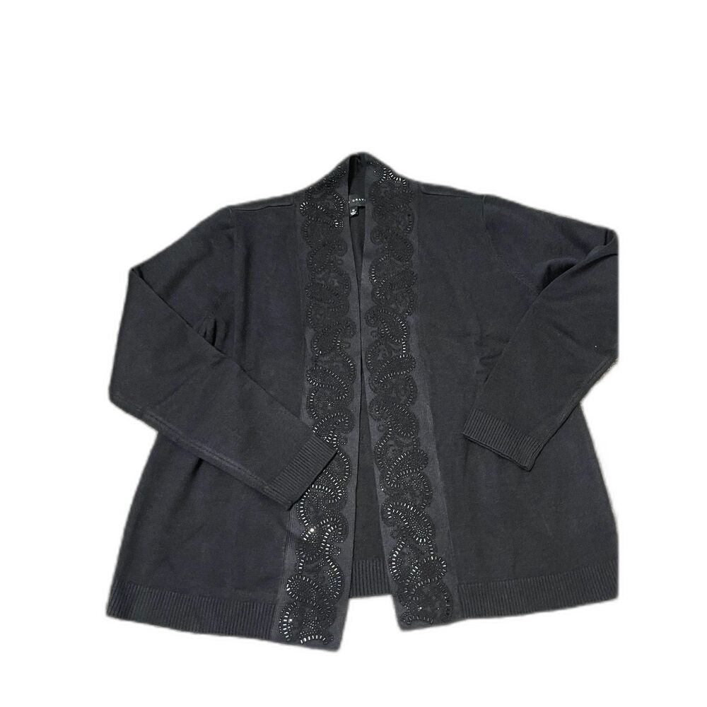 Susan Graver Black Paisley Embellished Open-Front Long Sleeve Sweater Cardigan M